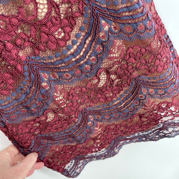 Soprano A-Line Lace Overlay Dress Sz 0 Burgundy Navy Scallop Hem Short Sleeve - Picture 5 of 11